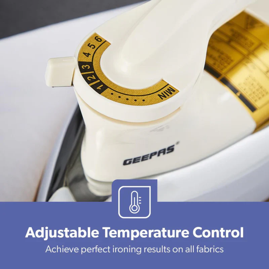 Geepas GDI23011 Heavy Weight Dry Iron - Golden Non-Stick Soleplate, Adjustable Temperature Control, and Durable Classic Design Geepas GDI23011 Heavy Weight Dry Iron - Golden Non-Stick Soleplate, Adjustable Temperature Control, and Durable Classic Design