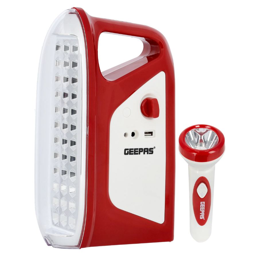 كشاف وفانوس طوارئ 2 في 1 من Geepas موديل GEFL4664 - قابل لإعادة الشحن، إضاءة LED فائقة السطوع، وتصميم متين للرحلات كشاف وفانوس طوارئ 2 في 1 من Geepas موديل GEFL4664 - قابل لإعادة الشحن، إضاءة LED فائقة السطوع، وتصميم متين للرحلات