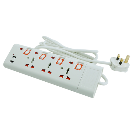 وصلة كهرباء Geepas GES4094 بـ 4 مخارج ومنفذين USB - سلك بطول 3 أمتار، حماية من الحمل الزائد، وقوة 13 أمبير