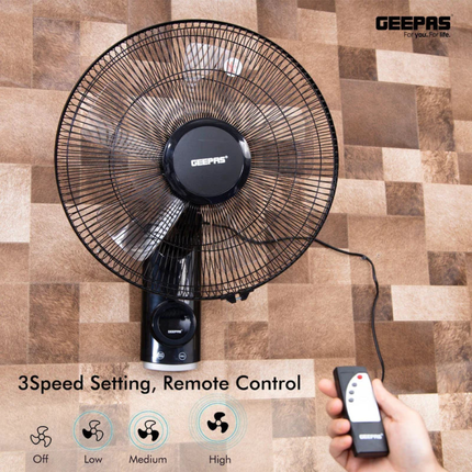 مروحة حائط Geepas GF9479 قياس 16 إنش مع جهاز تحكم عن بعد - مؤقت 12 ساعة، 3 سرعات، وتوزيع هواء واسع