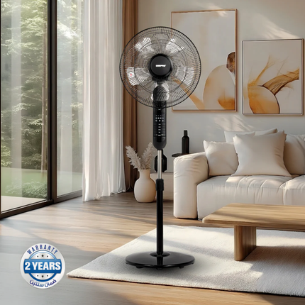 Geepas GF9489 16-Inch Stand Fan with 5 Blades - Includes Remote Control, 7.5-Hour Timer, and Adjustable Height