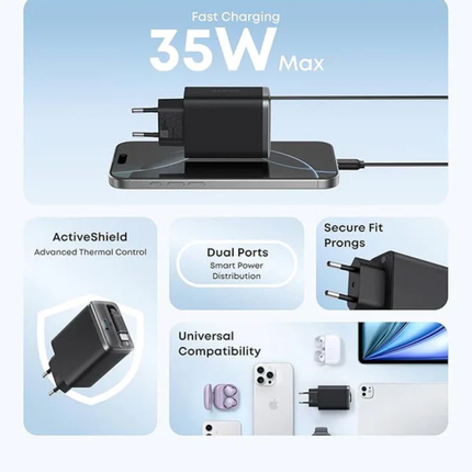 شاحن نانو من أنكر Anker Nano Charger مع كابل USB-C مدمج قابل للسحب - شحن سريع بمنفذ مزدوج وتصميم مدمج للسفر