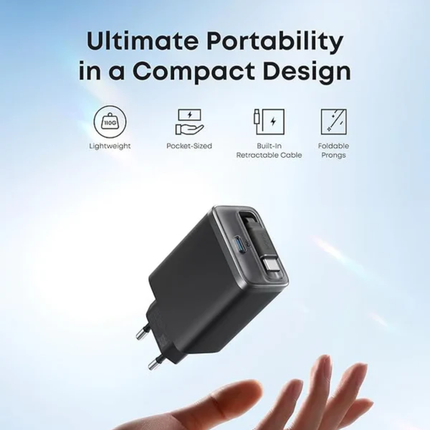 شاحن نانو من أنكر Anker Nano Charger مع كابل USB-C مدمج قابل للسحب - شحن سريع بمنفذ مزدوج وتصميم مدمج للسفر