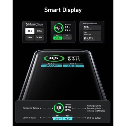 بنك طاقة وشاحن جداري Anker 723 (Fusion) سعة 12,000 مللي أمبير - تصميم 2 في 1 للشحن السريع، متوافق مع أجهزة Mac، ومنفذ USB-C مزدوج