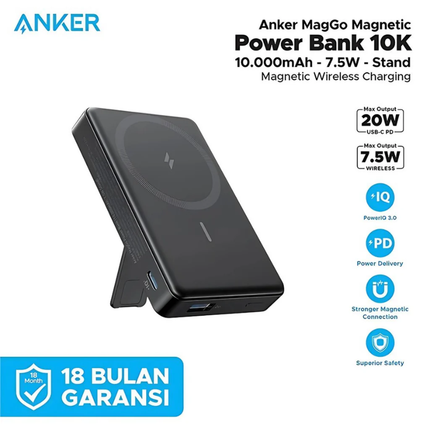 بنك طاقة لاسلكي Anker MagGo Ultra-Slim سعة 10,000 مللي أمبير - شحن لاسلكي سريع 15 واط، متوافق مع MagSafe، وتصميم نحيف جداً