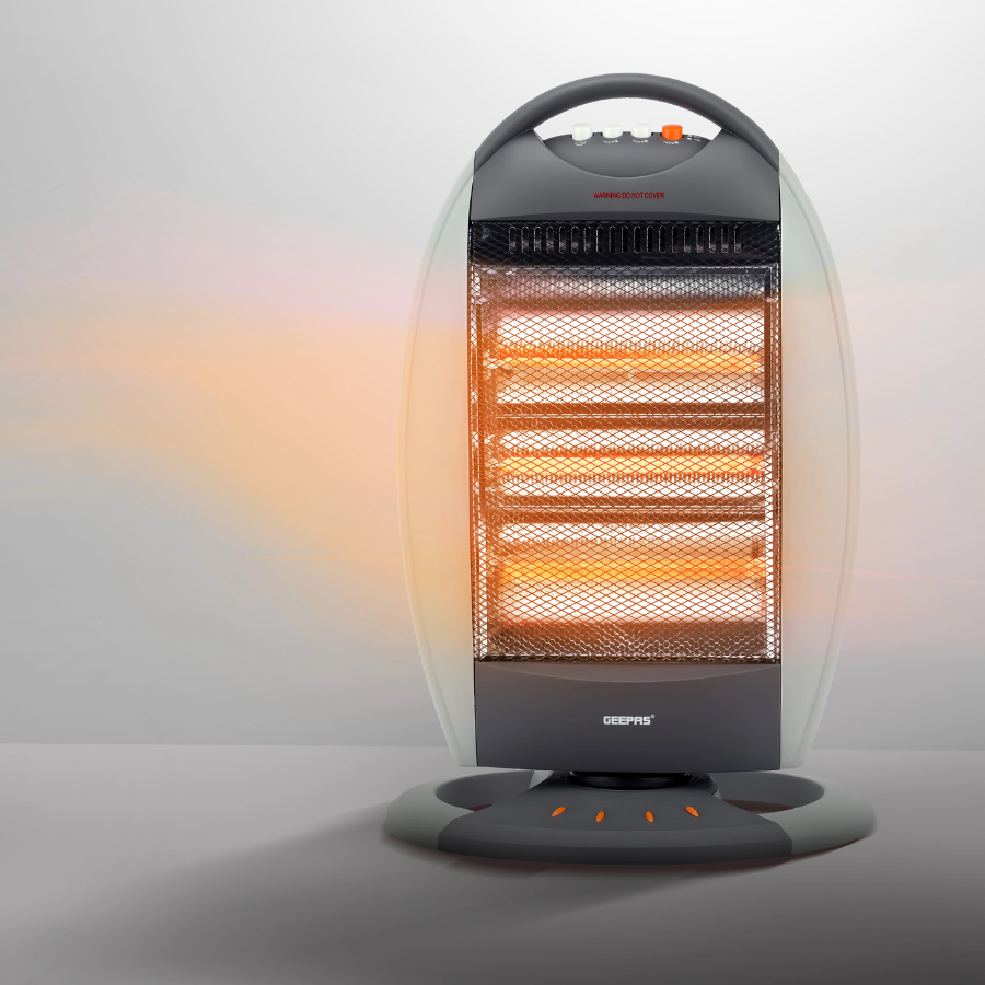 Geepas GHH9107 Halogen Heater 1200W - 3 Heat Settings, Wide-Angle Oscillation, and Tip-Over Safety Switch
