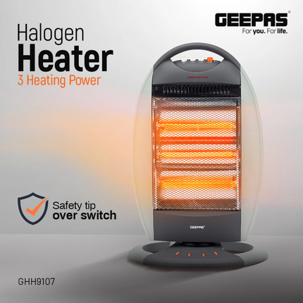 صوبة هالوجين جيباس Geepas GHH9107 بقوة 1200 واط - 3 مستويات للحرارة، خاصية الدوران، ونظام أمان متطور