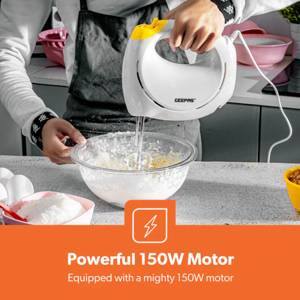 Geepas GHM43012 Electric Hand Mixer 150W - 7-Speed Settings, Turbo Function, and Stainless Steel Beaters