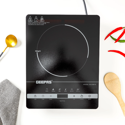 Geepas GIC33013 Digital Infrared Cooker 2000W - LED Display, 8 Power Levels, and Durable Black Crystal Ceramic Plate
