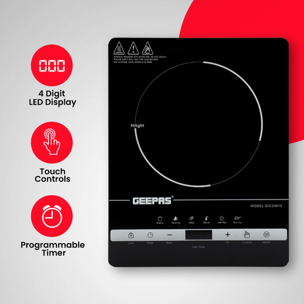 Geepas GIC33013 Digital Infrared Cooker 2000W - LED Display, 8 Power Levels, and Durable Black Crystal Ceramic Plate