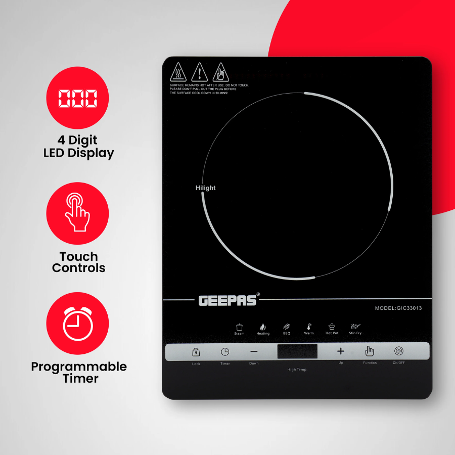 طباخ إنفراريد رقمي جيباس Geepas GIC33013 بقوة 2000 واط - شاشة LED، 8 مستويات للطاقة، وسطح سيراميك كريستالي متين طباخ إنفراريد رقمي جيباس Geepas GIC33013 بقوة 2000 واط - شاشة LED، 8 مستويات للطاقة، وسطح سيراميك كريستالي متين