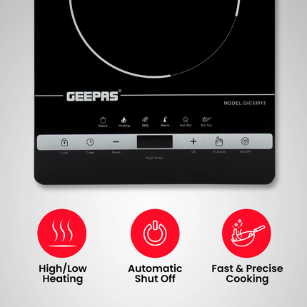 Geepas GIC33013 Digital Infrared Cooker 2000W - LED Display, 8 Power Levels, and Durable Black Crystal Ceramic Plate