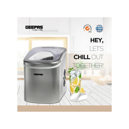 Geepas GIM63015UK Ice Cube Maker - 12kg Daily Production, 2.2L Water Tank, and Durable Stainless Steel Body