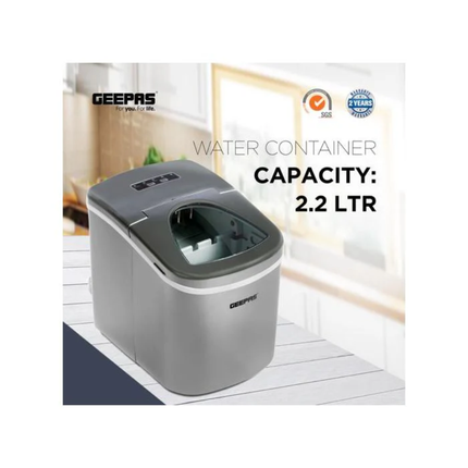 Geepas GIM63015UK Ice Cube Maker - 12kg Daily Production, 2.2L Water Tank, and Durable Stainless Steel Body