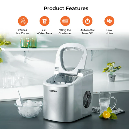 Geepas GIM63053UK Portable Automatic Ice Maker - 12kg Daily Production, 2.2L Water Tank, Compact Design
