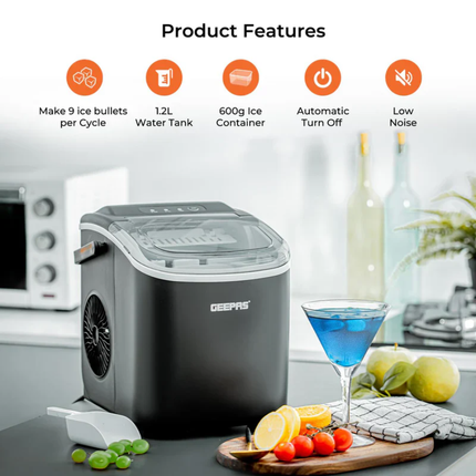 Geepas GIM63053UK Portable Automatic Ice Maker - 12kg Daily Production, 2.2L Water Tank, Compact Design