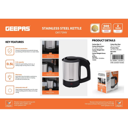 Geepas GK175NV 0.5L Stainless Steel Electric Kettle - 1100W, Auto Shut-Off, and Boil-Dry Protection