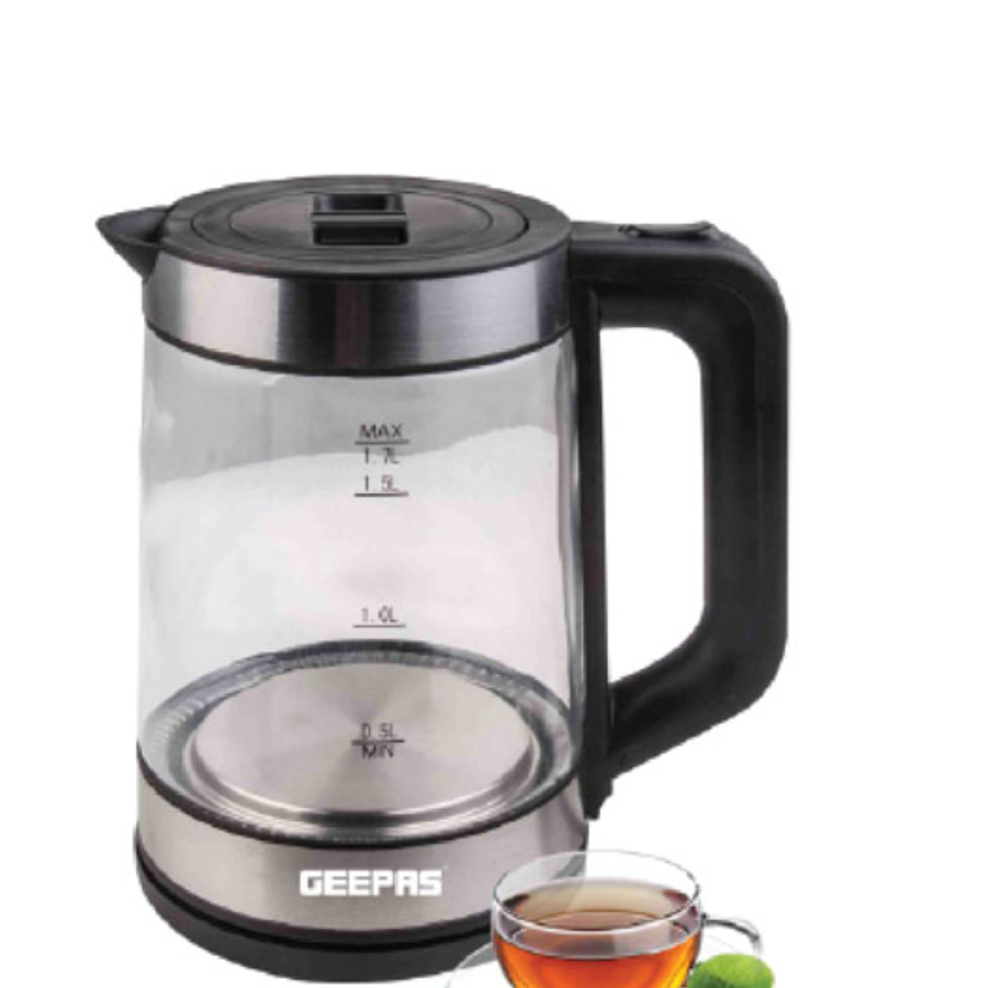 Geepas GK9902 1.7L Glass Electric Kettle - Blue LED Illumination, Auto Shut-Off, and Heat-Resistant Glass Geepas GK9902 1.7L Glass Electric Kettle - Blue LED Illumination, Auto Shut-Off, and Heat-Resistant Glass