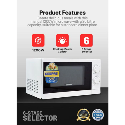Geepas 20L Microwave Oven - 700W Power with 6 Power Levels & Defrost Function