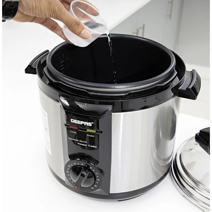 Geepas Electric Pressure Cooker - 6L Capacity, 1000W Power with Multi-Cooking Functions & Non-Stick Pot
