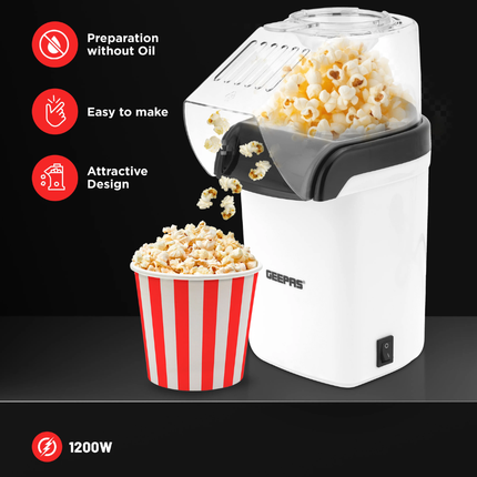 Geepas 1200W Hot Air Popcorn Maker - Oil-Free Healthy Preparation, Fast & Easy to Use