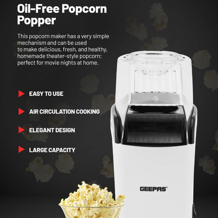 Geepas 1200W Hot Air Popcorn Maker - Oil-Free Healthy Preparation, Fast & Easy to Use