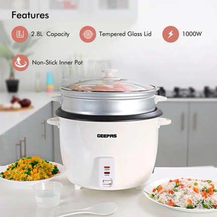 Geepas Automatic Rice Cooker - 2.8L Capacity, 900W Power with Keep Warm Function & Non-Stick Inner Pot
