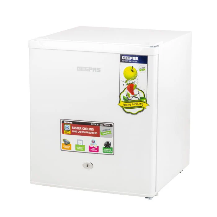 Geepas Defrost Mini Fridge - Secure Door Lock & Key, Energy Efficient Design & Silent Cooling Performance