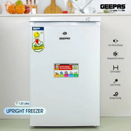 Geepas Upright Freezer - 120L Capacity, 4 Transparent Drawers for Organization, Security Lock & Energy Efficient Design