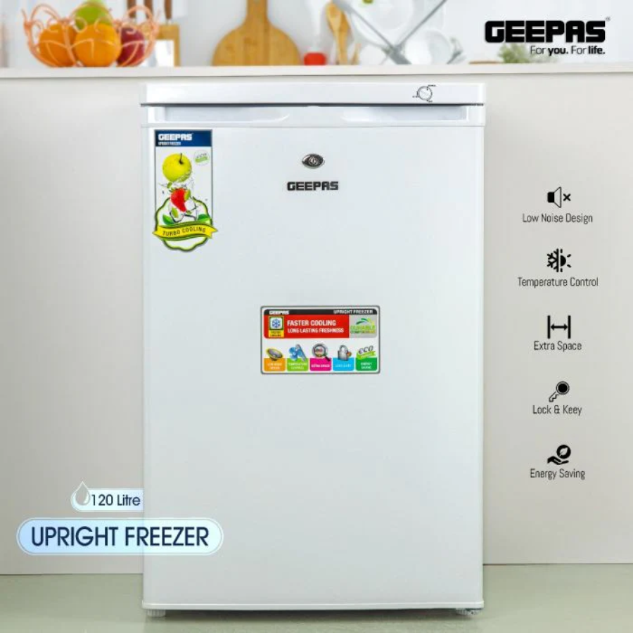 Geepas Upright Freezer - 120L Capacity, 4 Transparent Drawers for Organization, Security Lock & Energy Efficient Design Geepas Upright Freezer - 120L Capacity, 4 Transparent Drawers for Organization, Security Lock & Energy Efficient Design