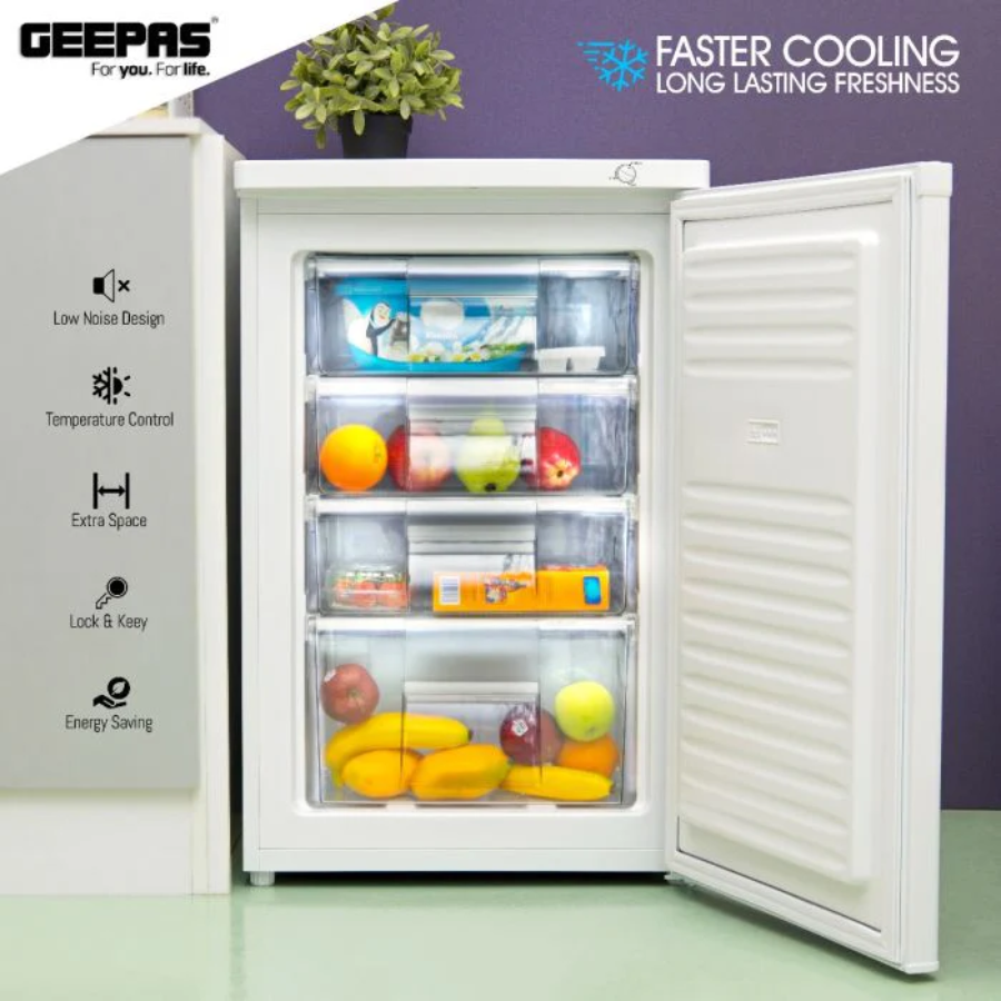 Geepas Upright Freezer - 120L Capacity, 4 Transparent Drawers for Organization, Security Lock & Energy Efficient Design Geepas Upright Freezer - 120L Capacity, 4 Transparent Drawers for Organization, Security Lock & Energy Efficient Design