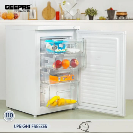 Geepas Upright Freezer - 120L Capacity, 4 Transparent Drawers for Organization, Security Lock & Energy Efficient Design
