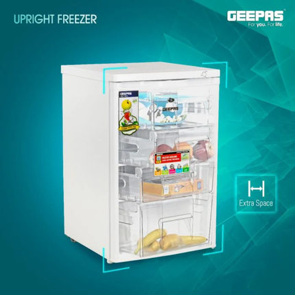 Geepas Upright Freezer - 120L Capacity, 4 Transparent Drawers for Organization, Security Lock & Energy Efficient Design