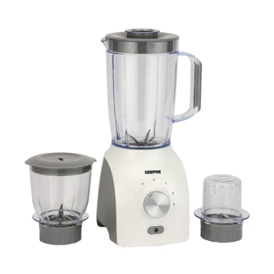 Geepas 3-in-1 Blender - 600W Powerful Motor, 1.5L Large Jar, Includes 2 Mills with Sharp Stainless Steel Blades