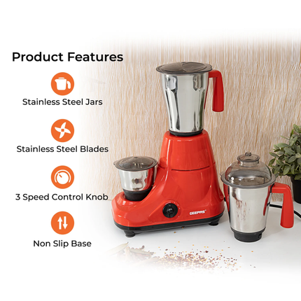 Geepas 3-in-1 Mixer Grinder - 750W Heavy Duty Motor, Stainless Steel Jars with Ultra-Sharp Performance Blades