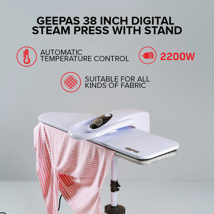 Geepas 38-Inch Digital Steam Press with Stand - 2200W High Power, LCD Control Display, Large Water Tank & Professional Results