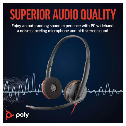 Poly Blackwire 3220 Wired Headset - Hi-Fi Stereo Audio, Noise-Canceling Microphone, and Reliable USB-A Connectivity for Calls & Multimedia