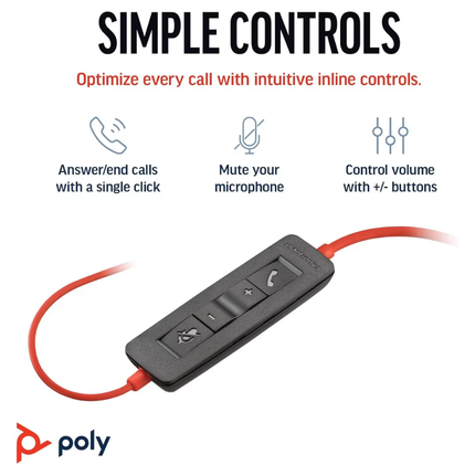Poly Blackwire 3220 Wired Headset - Hi-Fi Stereo Audio, Noise-Canceling Microphone, and Reliable USB-A Connectivity for Calls & Multimedia