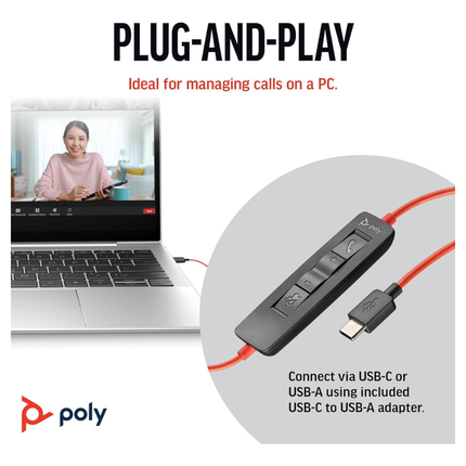 Poly Blackwire 3220 Wired Headset - Hi-Fi Stereo Audio, Noise-Canceling Microphone, and Reliable USB-A Connectivity for Calls & Multimedia