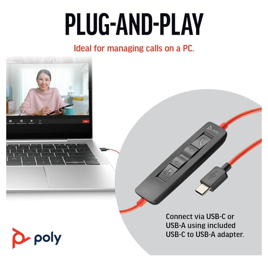 سماعة بولي بلاك واير 3220 السلكية - صوت ستيريو عالي النقاء، ميكروفون يلغي الضوضاء، وتوصيل USB-A مرن للمكالمات والوسائط سماعة بولي بلاك واير 3220 السلكية - صوت ستيريو عالي النقاء، ميكروفون يلغي الضوضاء، وتوصيل USB-A مرن للمكالمات والوسائط