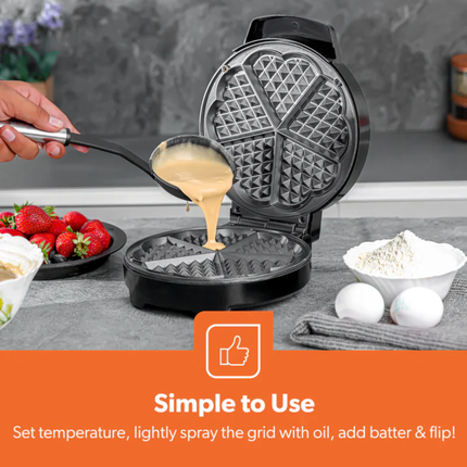 Geepas Heart-Shaped Waffle Maker - 1000W Power, Non-Stick Cooking Plates, Adjustable Temperature Control & Cool-Touch Exterior
