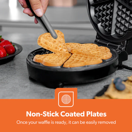 Geepas Heart-Shaped Waffle Maker - 1000W Power, Non-Stick Cooking Plates, Adjustable Temperature Control & Cool-Touch Exterior