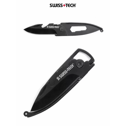 Swiss+Tech 4-in-1 camping Micro-Tool Keychain ST45019 - Compact Stainless Steel Pocket Knife, Screwdrivers & Bottle Opener