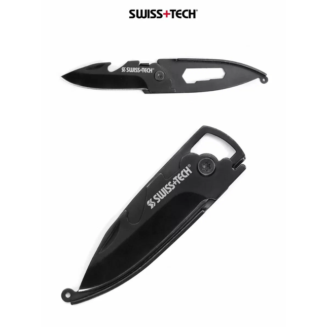 Swiss+Tech 4-in-1 camping Micro-Tool Keychain ST45019 - Compact Stainless Steel Pocket Knife, Screwdrivers & Bottle Opener