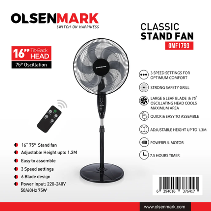 Olsenmark 16-Inch Stand Fan with Remote Control & Timer - Smart 3-Speed Airflow, Adjustable Height & Modern Comfort Design