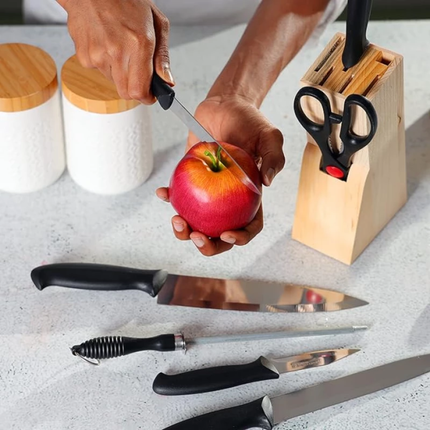 Royalford 8-Piece Professional Kitchen Knife Set with Wooden Block - Sharp Stainless Steel Blades & Ergonomic Handles for Precise Cutting