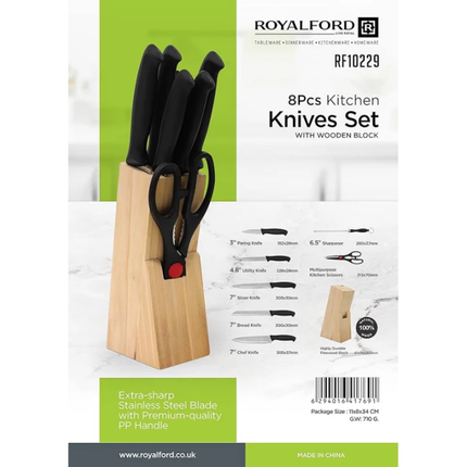 Royalford 8-Piece Professional Kitchen Knife Set with Wooden Block - Sharp Stainless Steel Blades & Ergonomic Handles for Precise Cutting