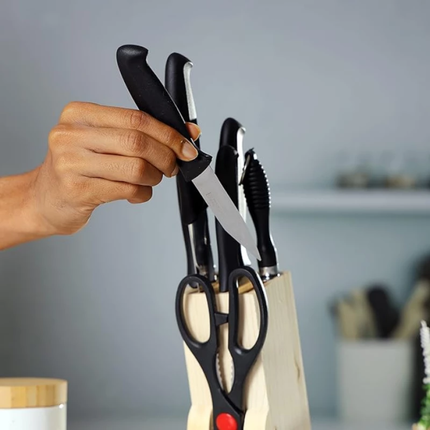 Royalford 8-Piece Professional Kitchen Knife Set with Wooden Block - Sharp Stainless Steel Blades & Ergonomic Handles for Precise Cutting