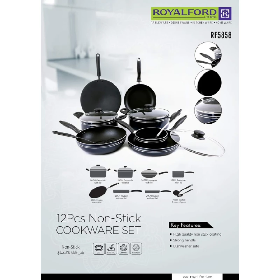 طقم أواني طبخ رويال فورد (Royalford) غير لاصق 12 قطعة موديل RF5858 - طقم متكامل لتجهيز المطبخ بأحجام متنوعة وتوزيع مثالي للحرارة طقم أواني طبخ رويال فورد (Royalford) غير لاصق 12 قطعة موديل RF5858 - طقم متكامل لتجهيز المطبخ بأحجام متنوعة وتوزيع مثالي للحرارة