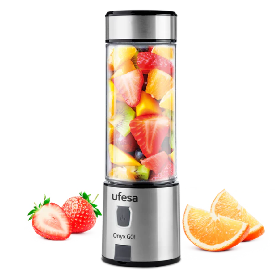 خلاط رياضي محمول يوفيزا (Ufesa) موديل BS2400 Onyx - قوة 400 واط، يشمل عبوة رياضية سعة 600 مل خالية من BPA، وشفرات ستانلس ستيل فائقة القوة